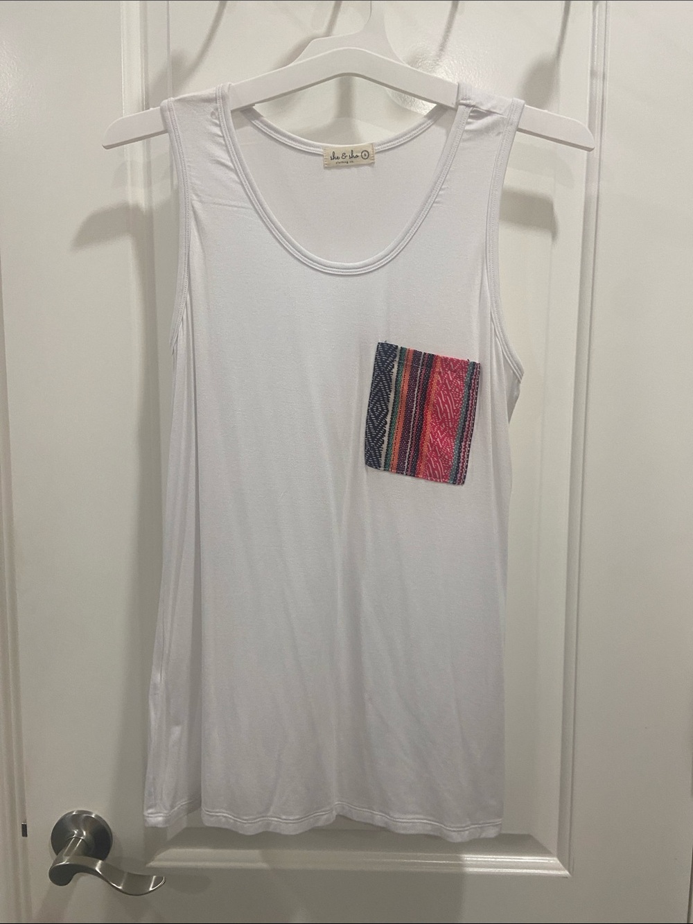 White Women's Tank Top with Multicolor Pocket